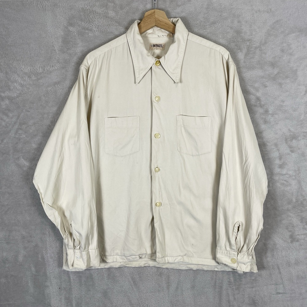 Vintage 50s Rayon Gabardine Loop Collar Shirt Mens Large 25x27 Rockabilly 40s